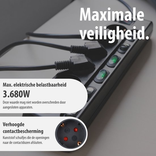 Zwarte stekkerdoos met 6 stopcontacten en individuele schakelaars, met tekst "Maximale veiligheid."