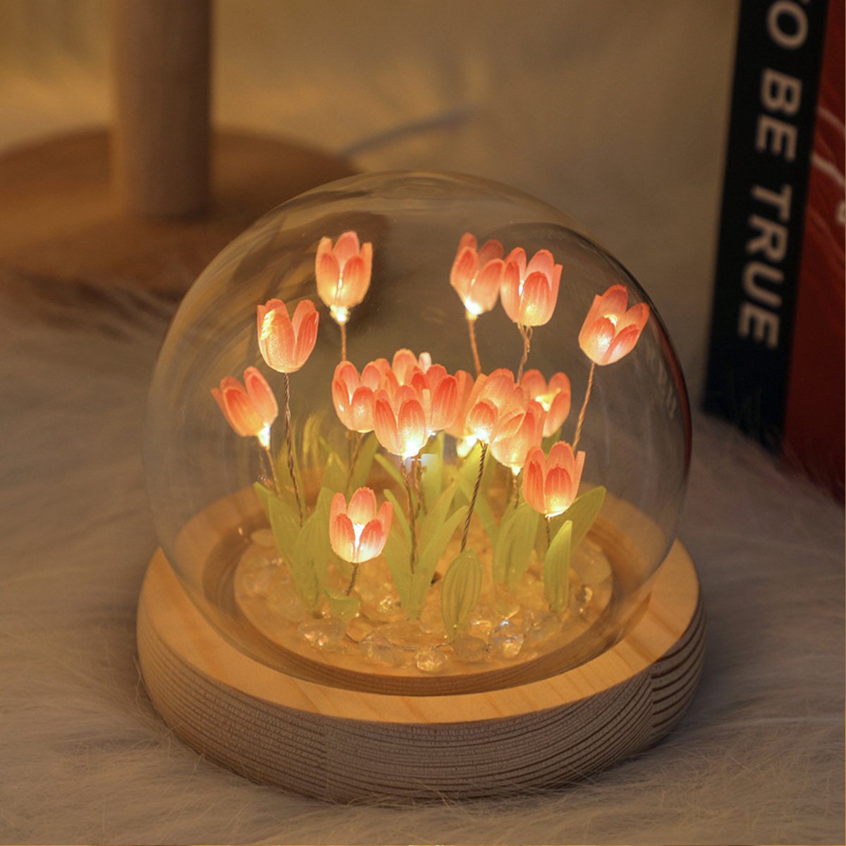 QTTVBTNA -Tulpenlamp - Decoratieve Tafellamp - Warm Witte LED Verlichting - Gefrosted Glas En Massief Hout - Eeuwige Liefde Symbool - 1 Stuk