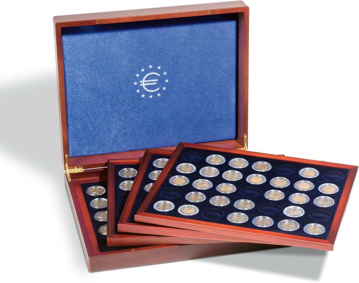 Munt Presentatiekoffer - Verzamelkoffer munten - Euro munten bewaren - Luxe houten afwerking - 33x27x7 cm - Mahoniebruin