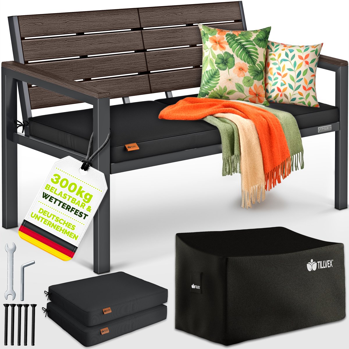 tillvex® Tuinbank Weerbestendig 2-3 Zits met Hoes & Kussens | Parkbank in Houtlook tot 300kg Belastbaar UV-bestendig | Zitbank Tuin Terras Balkon met Wasbare Hoes