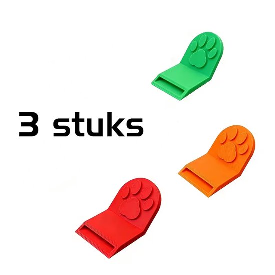 Drie pootvormige blikopeners in rood, groen en oranje.