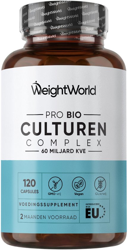 Fles WeightWorld "Pro Bio Culture Complex" capsules. Beschikbaar voor 2 maanden. Met 120 capsules, GMO-vrij, vegan en glutenvrij.