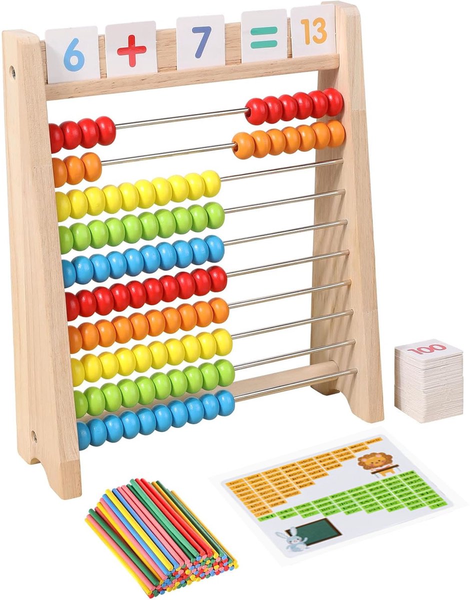Rekenraam voor kinderen – Houten telraam – Hulpmiddel voor rekenonderwijs – Rekenapparaat voor kinderen met 100 telstaafjes en cijferkaartjes, geschikt voor kinderen vanaf 3 jaar