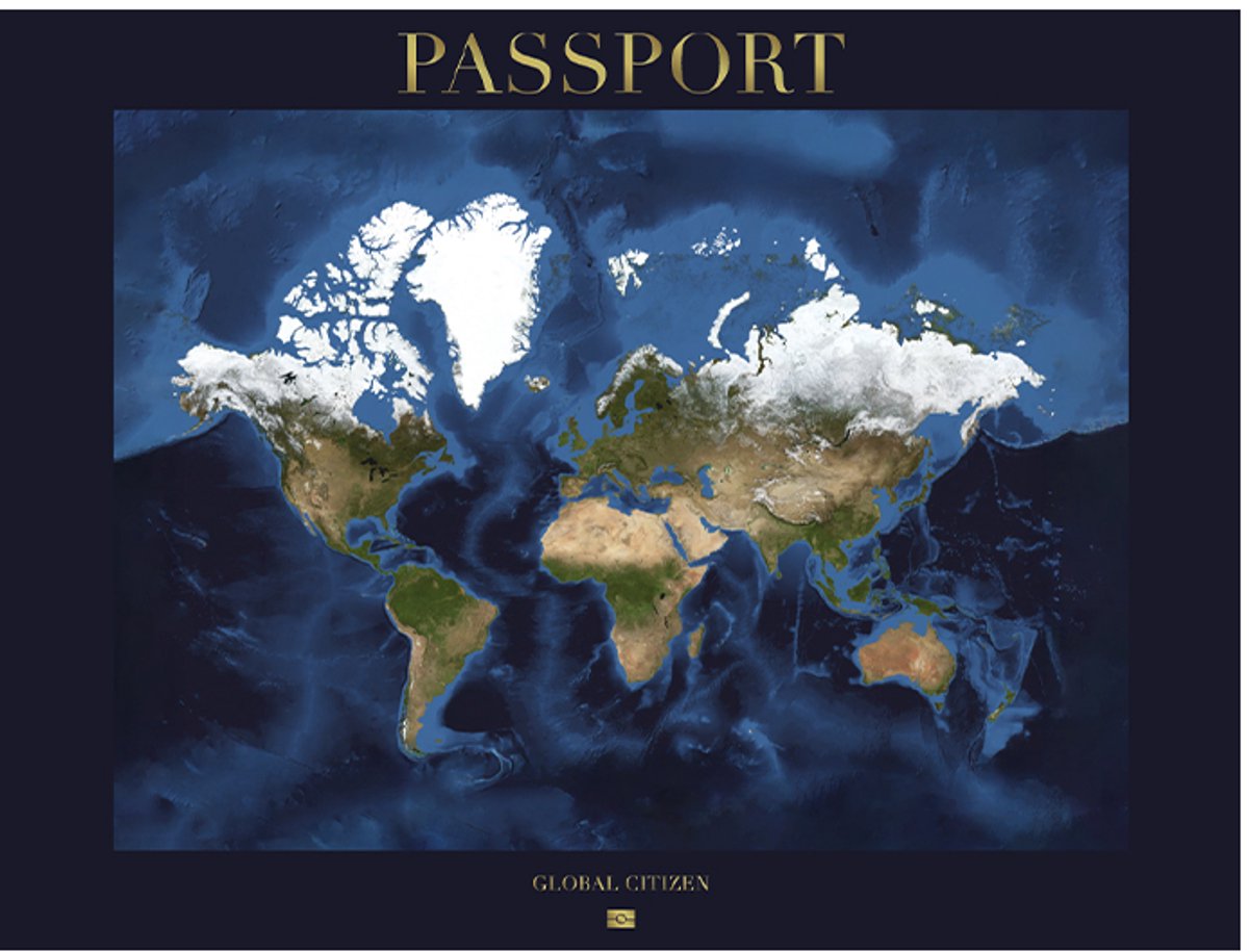 Wereldkaart 40x30 cm - Aluminium - Voelbaar 3D Reliëf - Donkerblauw - World map - Passport - Vintage - Retro - Muurdecoratie - Wanddecoratie