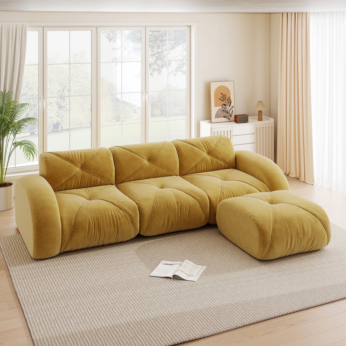 OKWISH Hoekbank 3-Zits - Modulair Zonder Montage Met Hocker En Antislip Onderzijde - Voor Woonkamer Of Lounge - Chenille - Geel