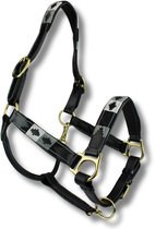 Leren Paardenhalster – Polo Print zwart grijs zilver – Maat Cob – Verstelbaar & Uniek Design – MTB Equestrian