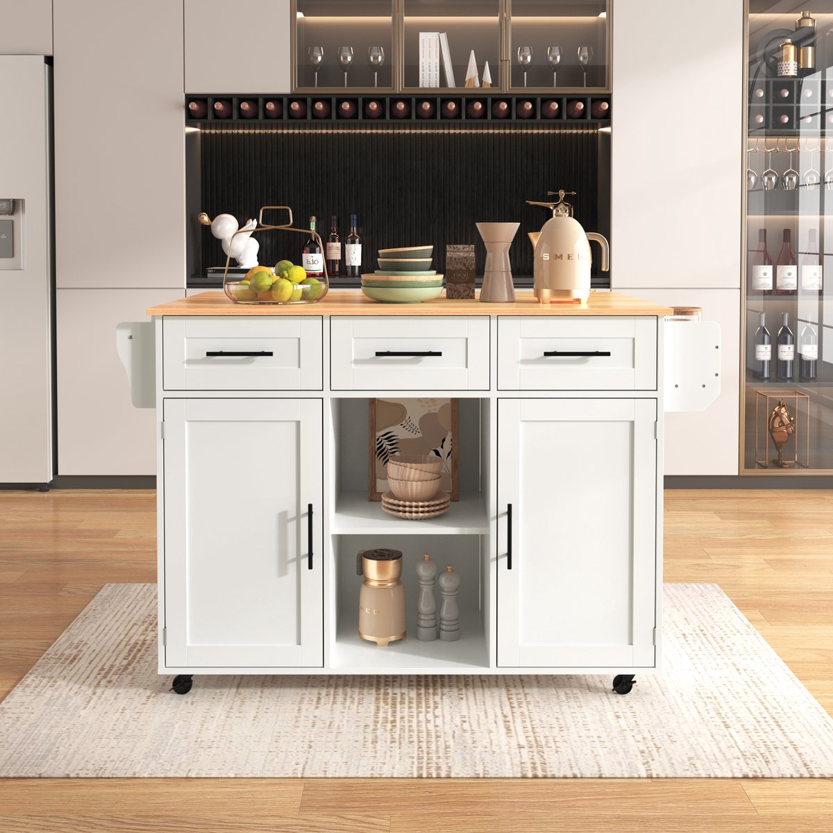 MODFU Keukeneiland - Met Klapblad En Opbergruimte - Modern - Voor Keuken En Eetkamer - MDF - Wit - 139 X 46(71) X 91,5 Cm
