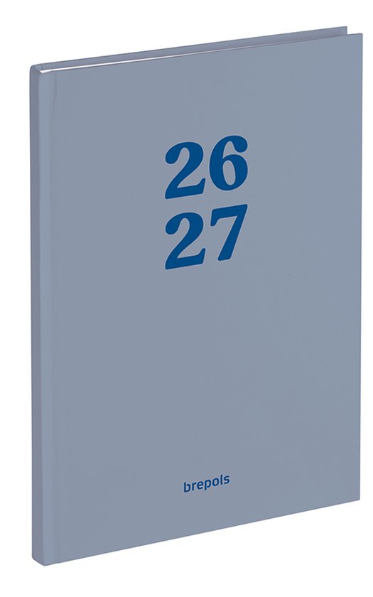 Grijze harde kaft agenda met blauwe cijfers 26 en 27 en het logo 'brepols'.