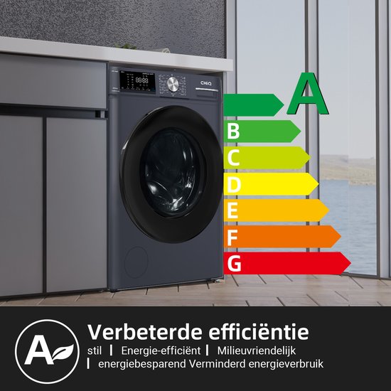 Lave-linge gris foncé avec une étiquette d'efficacité énergétique A, placé dans une pièce moderne près d'une fenêtre.