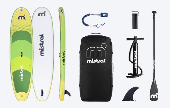 Set accessoires voor SUP: twee boards, tas, pomp, peddel, vin en leash in blauw.