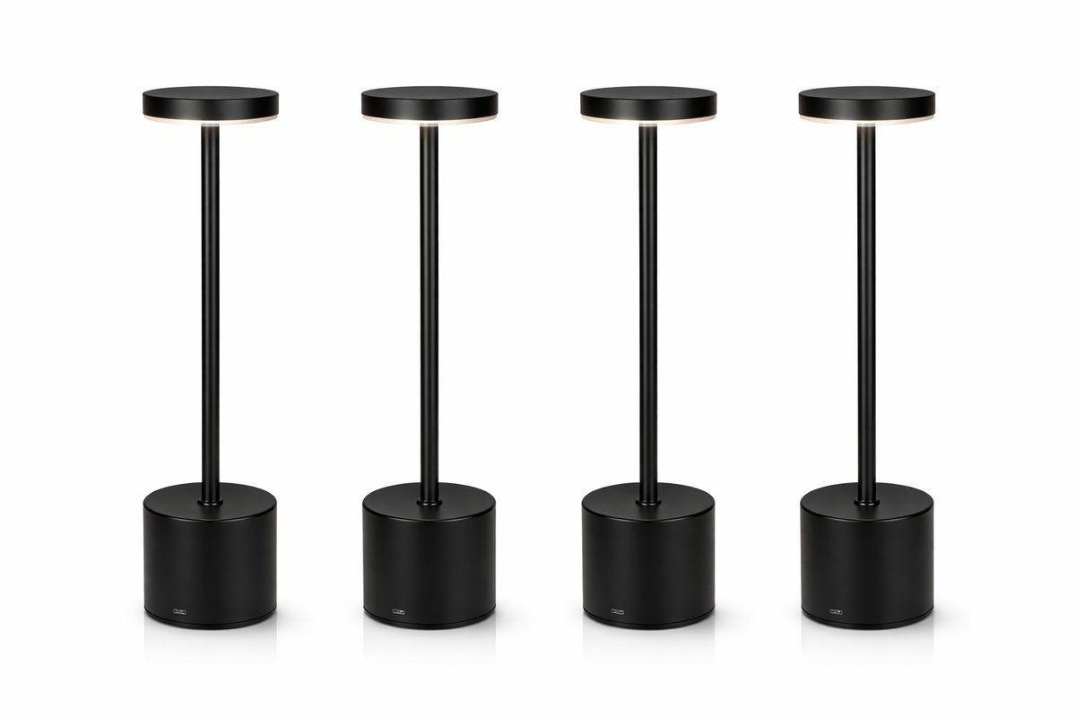 Tafellamp Set van 4 – Oplaadbaar & Dimbaar – Zwart Metaal – Draadloos – 3 Lichtstanden (Warm/Wit) – LED Tafellampen