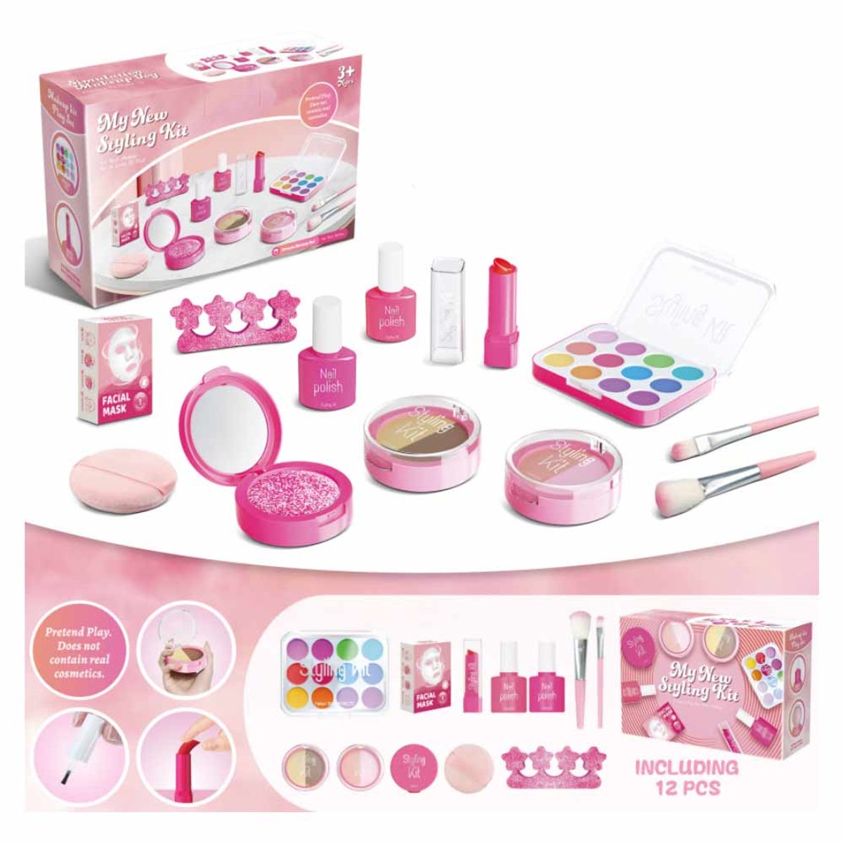 Kinder Make-up Speelset – Nep Make-up zonder Vloeistof – 12-delig – Veilig Rollenspel Speelgoed – Cadeau voor Meisjes