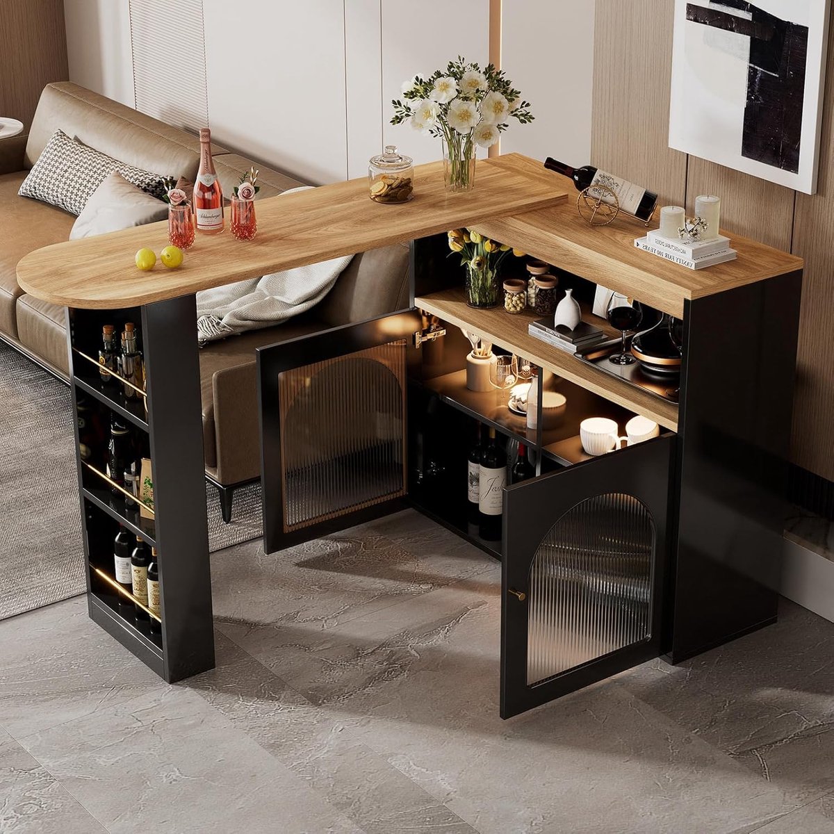 Moderne Bartafel - Uitschuifbare Tafel - Eten en Drinken - Draaibaar met Opbergruimte - 138-193x39x105cm