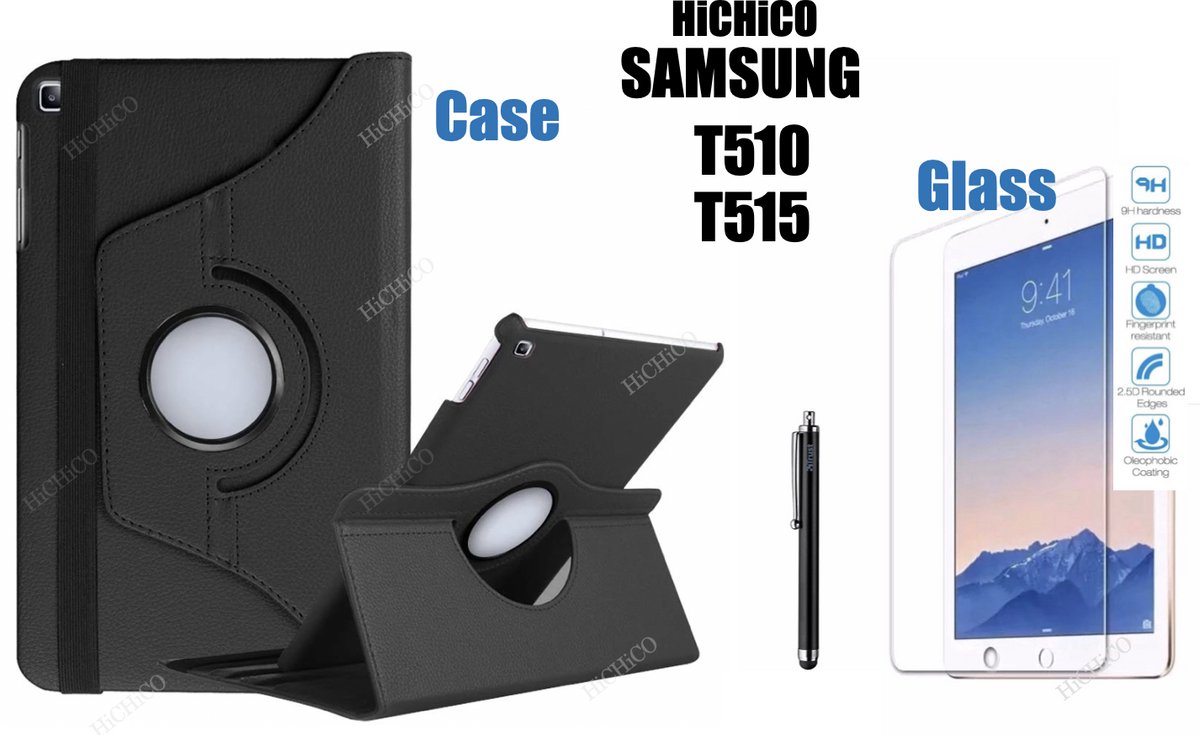 Samsung Galaxy Tab A 10.1 (2019) SM-T510 SM-T515, HiCHiCO Tablet Hoes met Stylus Pen, 360° draaistand Cover Tablet hoesje  Zwart + Tempered Glass screen protector