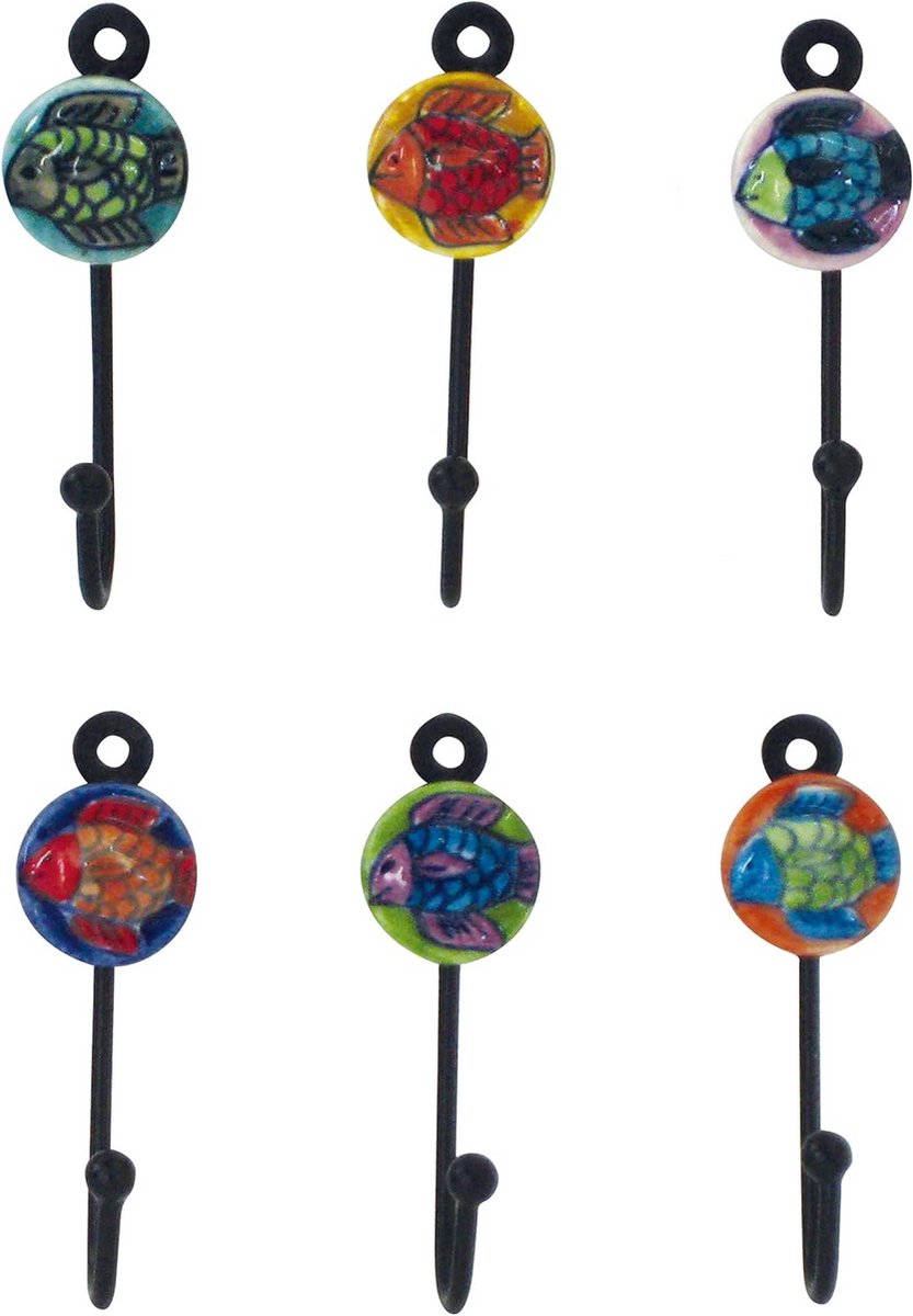 Kleurrijke Keramische Wandhaken Set van 6 - Handgeschilderd en Decoratief