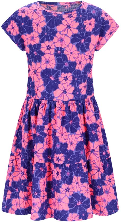Jurk met korte mouwen, blauw met roze bloemenprint en gelaagde rok.