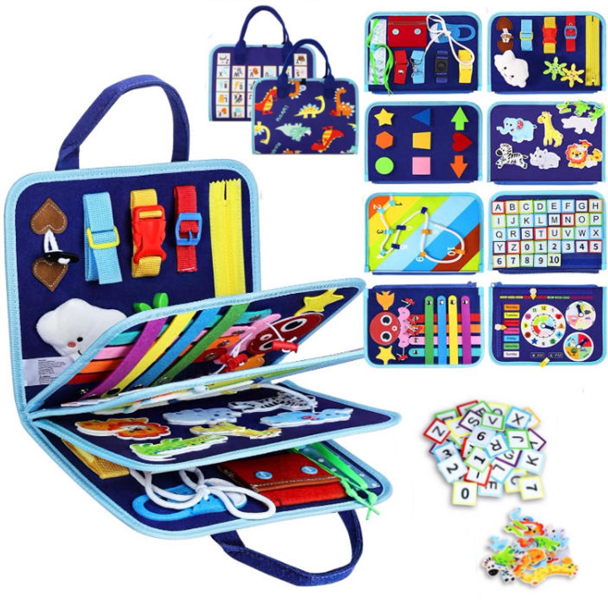 Montessori Activiteitenboek – Busy Board – Motoriek Speelgoed – Leren Klokkijken & Veters Strikken – Educatief Spel – Dinosaurus – Perfect voor Thuis en Onderweg