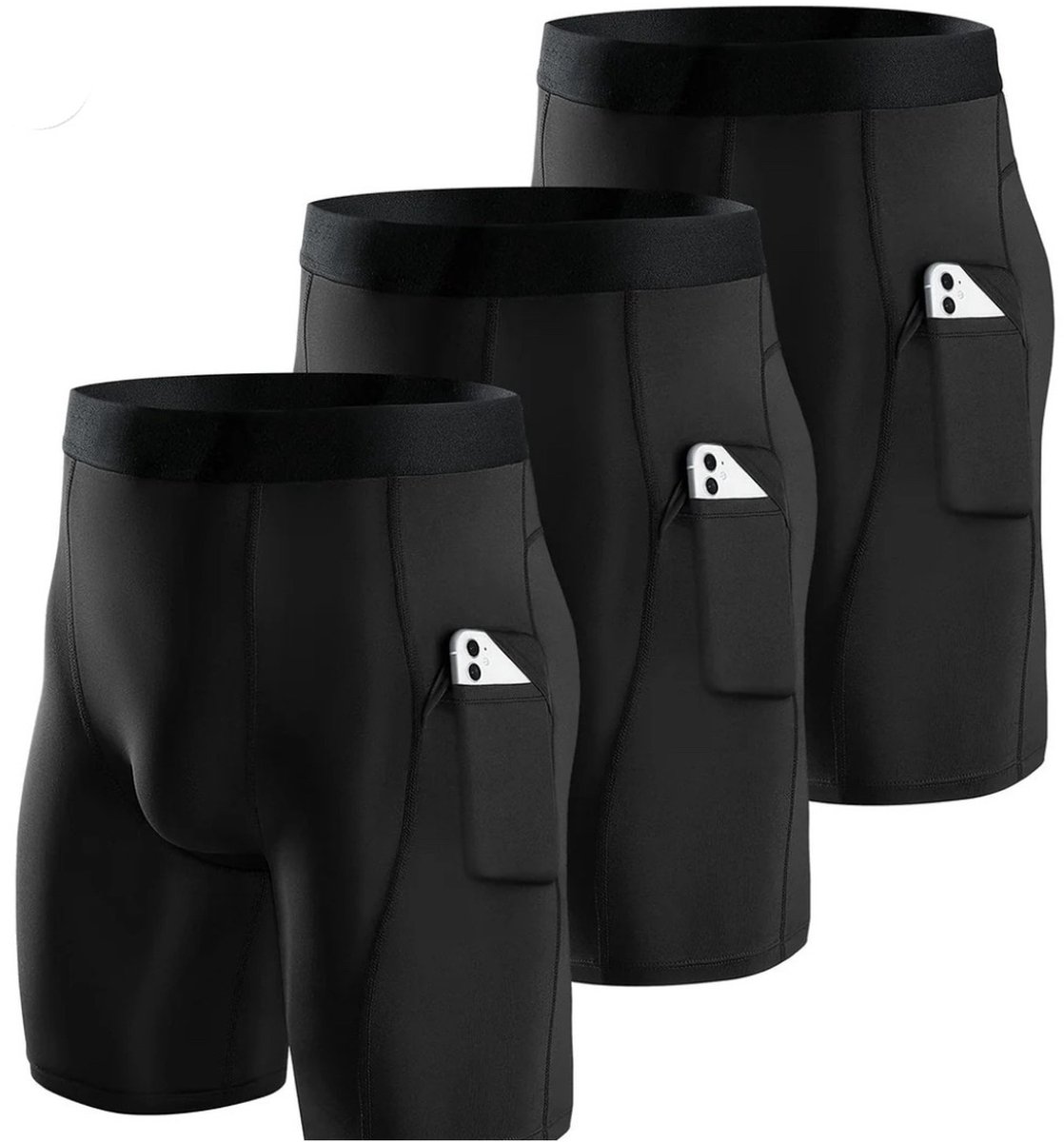 Wahrm Sportshort met Telefoonzak – Hardloop & Fitness Compressie Short Heren – Quick Dry Sportboxer – Smartphone Zijzak – Zwart – 3-Pack-XL