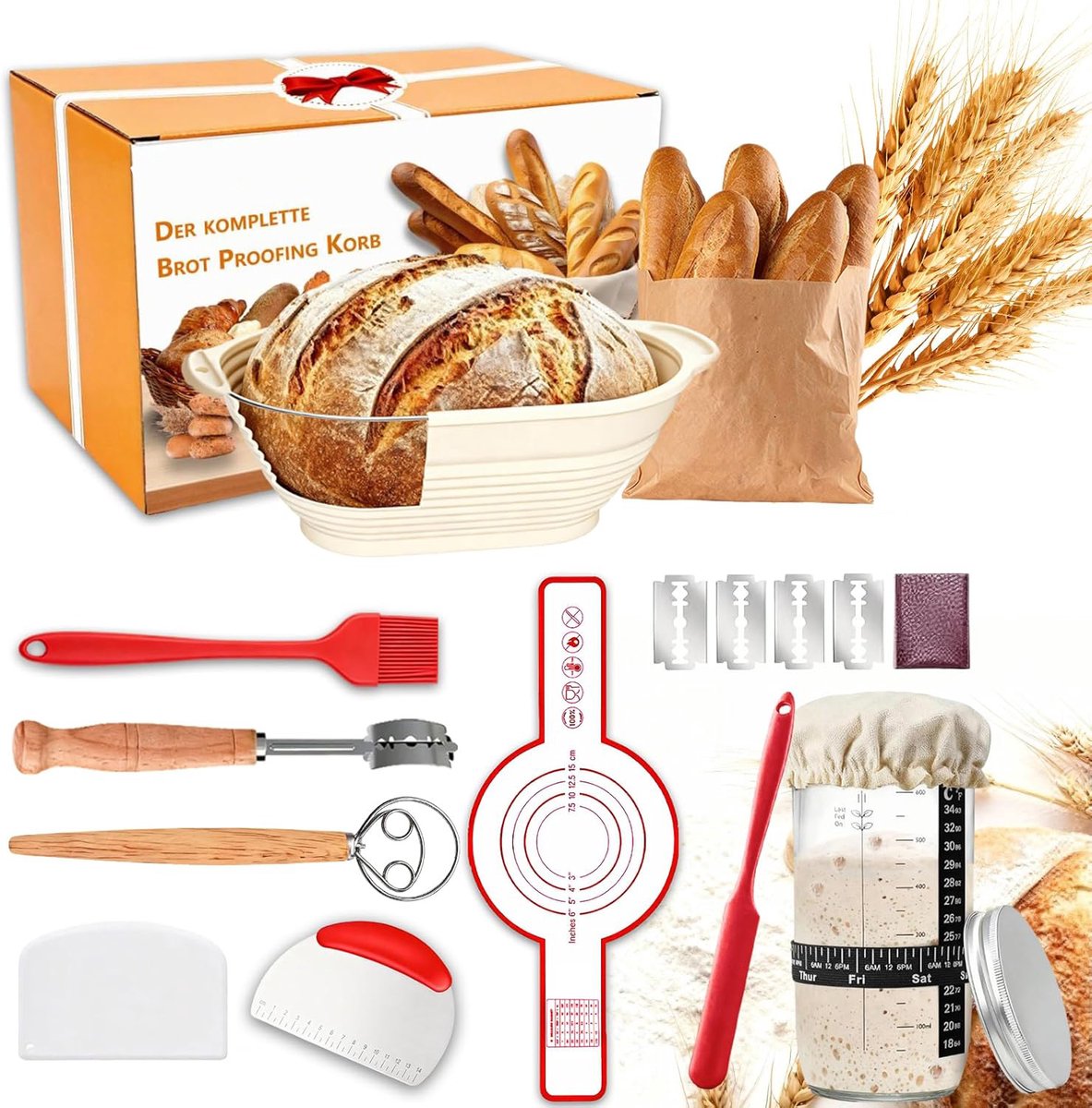 Killogood Zuurdesemfermentatieset, 11 bakaccessoires, opvouwbare ovale broodfermentatiemand van 28 cm, handgemaakte broodbakset, geschikt voor zowel beginners als professionele bakkers.