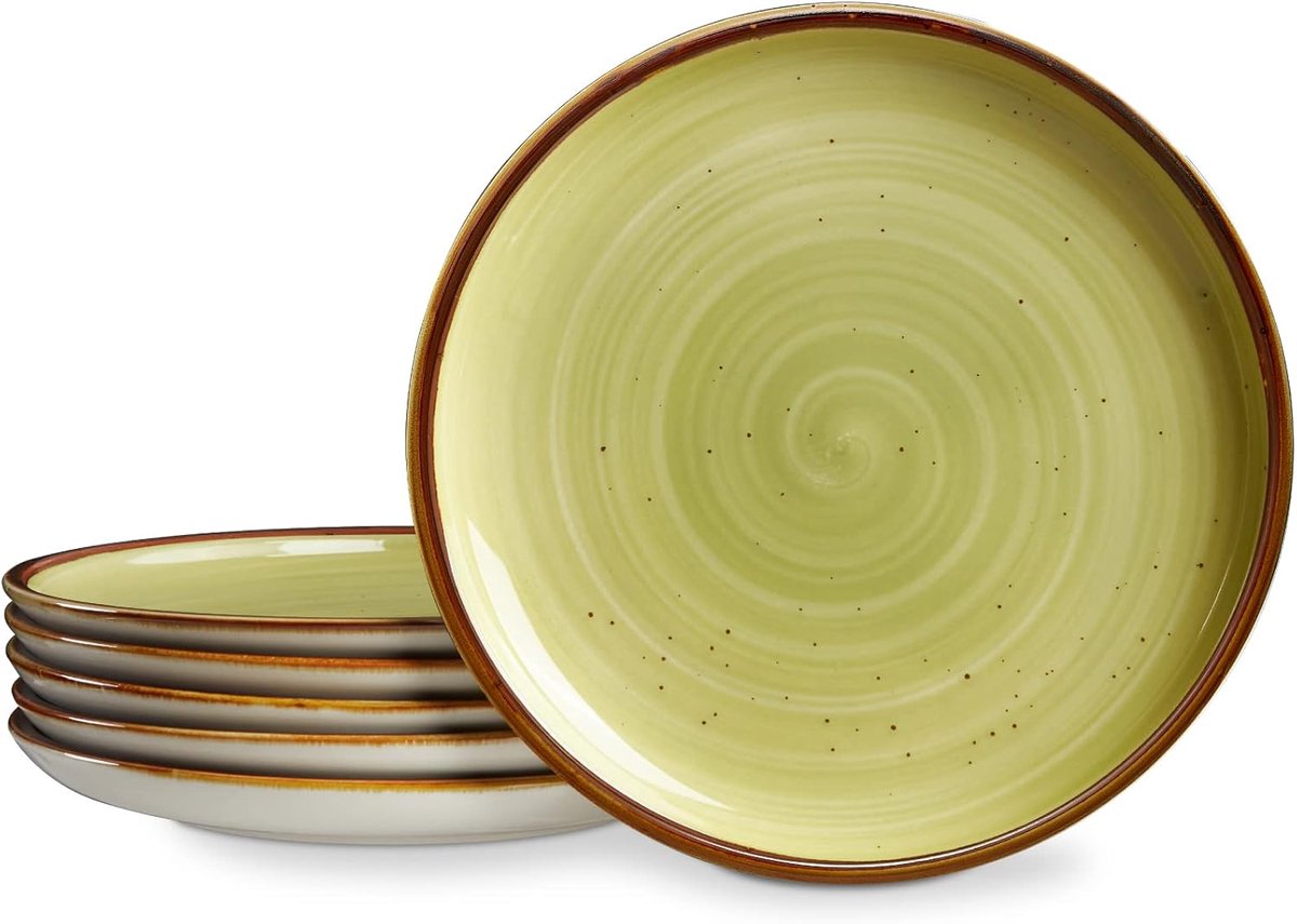 Set van 6 Rustieke Coupe Borden - Dinerborden voor Hoofdgerechten - Groen Servies