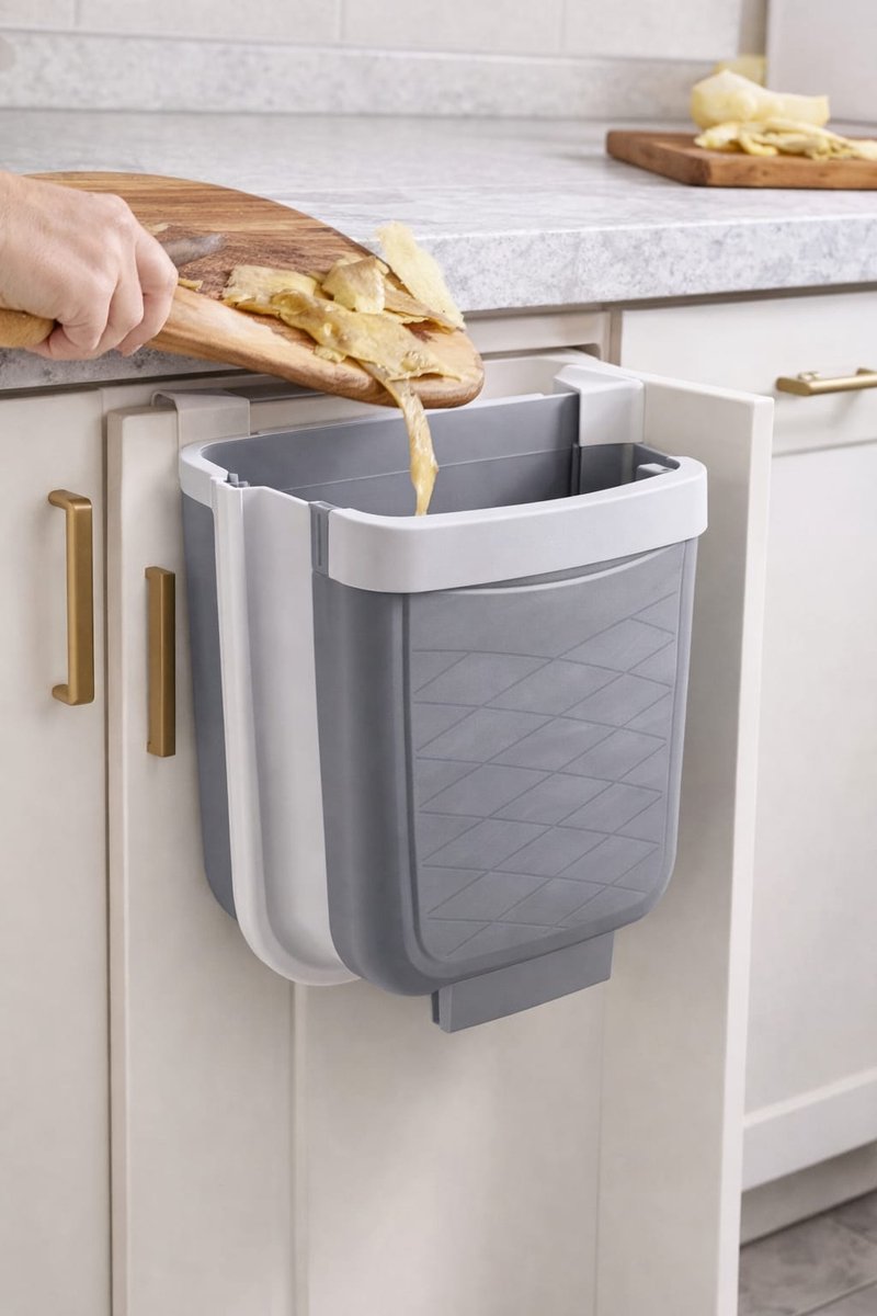 Qlux Collapsible Hanging Kitchen Trash Can – 6L – Foldable Cabinet Door Waste Bin – Grey-Qlux Opvouwbare Hangende Prullenbak – 6L – Keukenkast Deur Afvalbak – Grijs