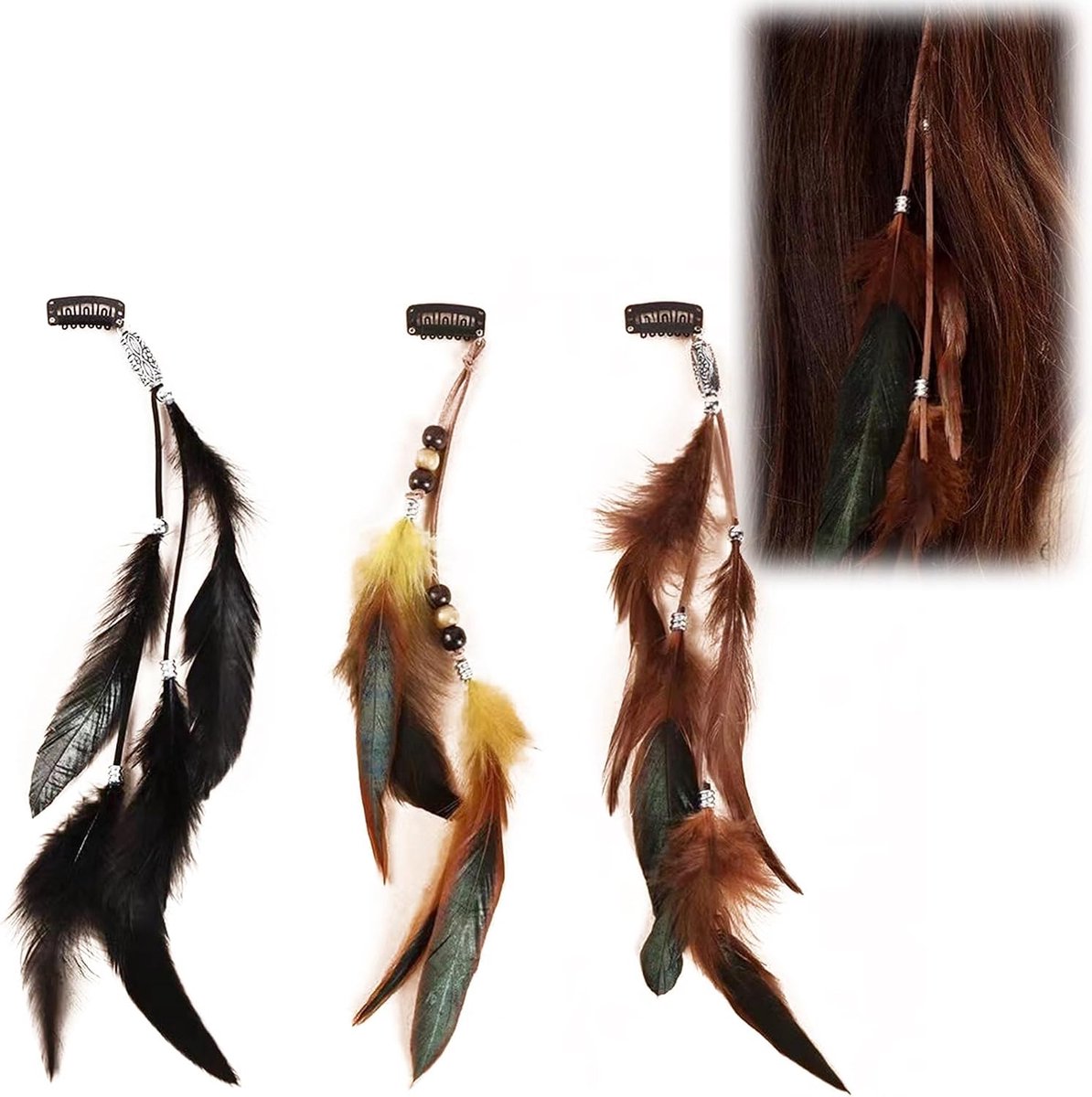 3 Stuks Boho Haaraccessoires Set: Veerspeldjes en Clip-in Dreadlocks voor Dames