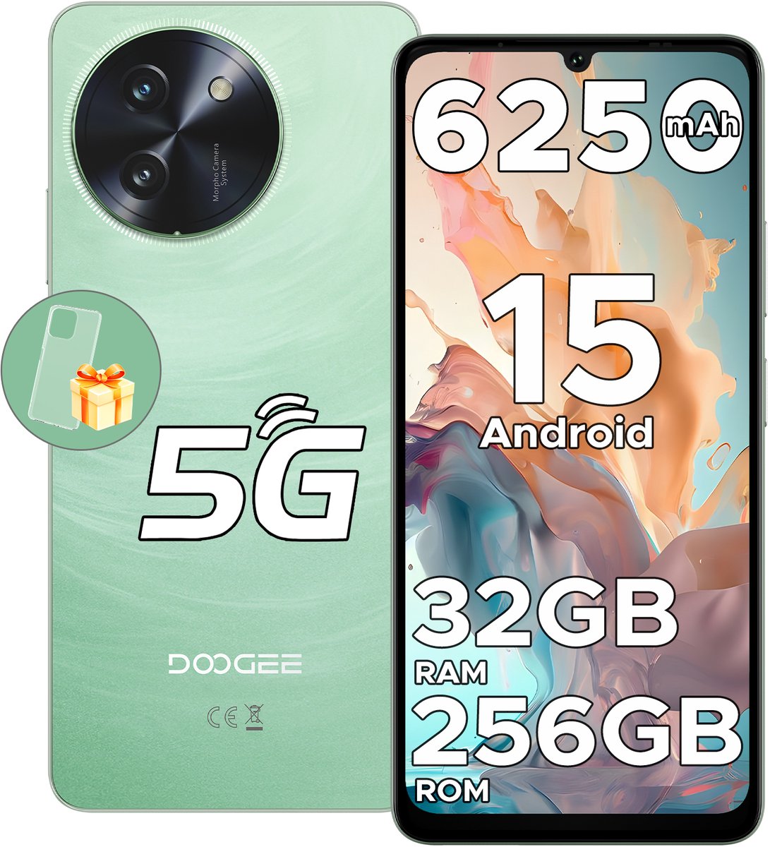 DOOGEE Note 59 Pro 5G - Smartphone - Mobiele Telefoon - 32 GB RAM+ 256 GB ROM (2TB/TF) - Android 15- 6,75 inch HD & 120Hz IPS - 6250 mAh - UNISOC T8200 - AI camera - Face ID - Widevine L1 - Groen
