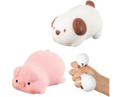 2 Stuks Schattige Dieren Squishy Set - Fidget Squishy - Varken & Hond Stressballen - Kawaii Knijpspeelgoed voor Kinderen & Volwassenen - Anti-stress & Fidget - Zacht TPR - Roze & Wit