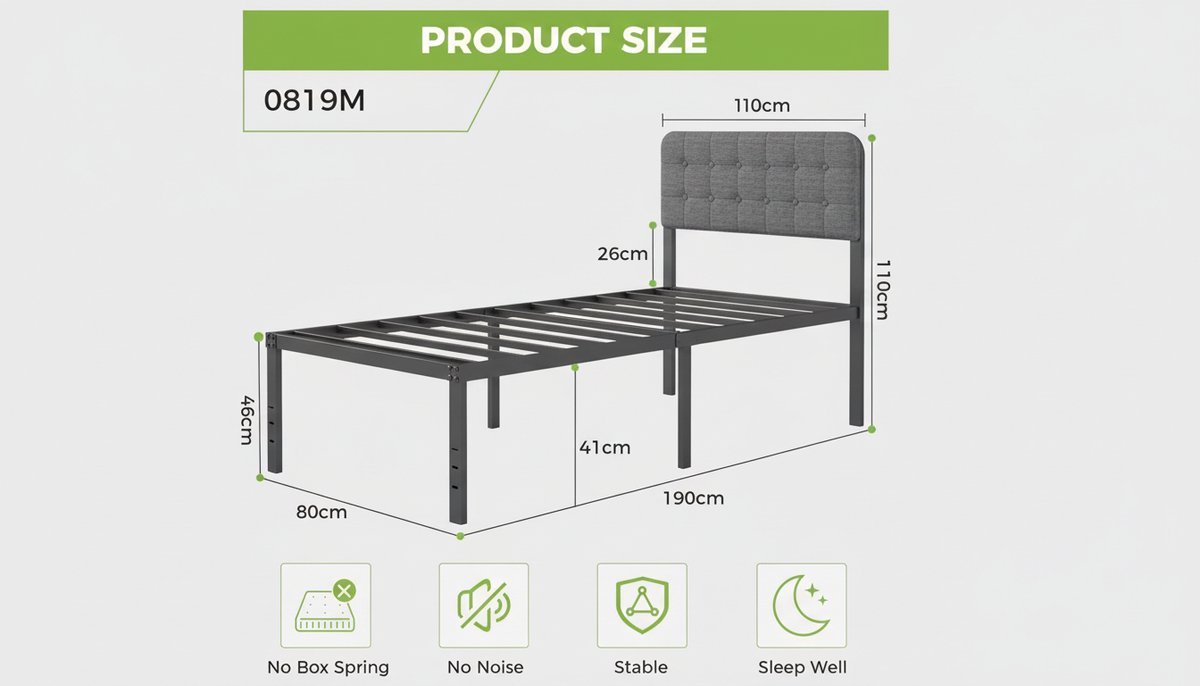 Eenpersoonsbed 80x190 cm Casa Velluto – Gestoffeerd Hoofdeinde, Metalen Bedframe met Lattenbodem, Veel Opbergruimte Onder Bed, Geluidsvrij, Eenvoudige Montage, Modern Grijs Slaapkamer Meubel