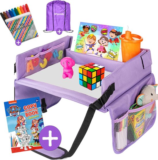 BPgoods® Premium Reistafel voor Kinderen - Tekentafel - Autotafel - Opvouwbaar - 2026 - Paars - Inclusief PAW PATROL Kleurboek + stickers & 10 Viltstiften