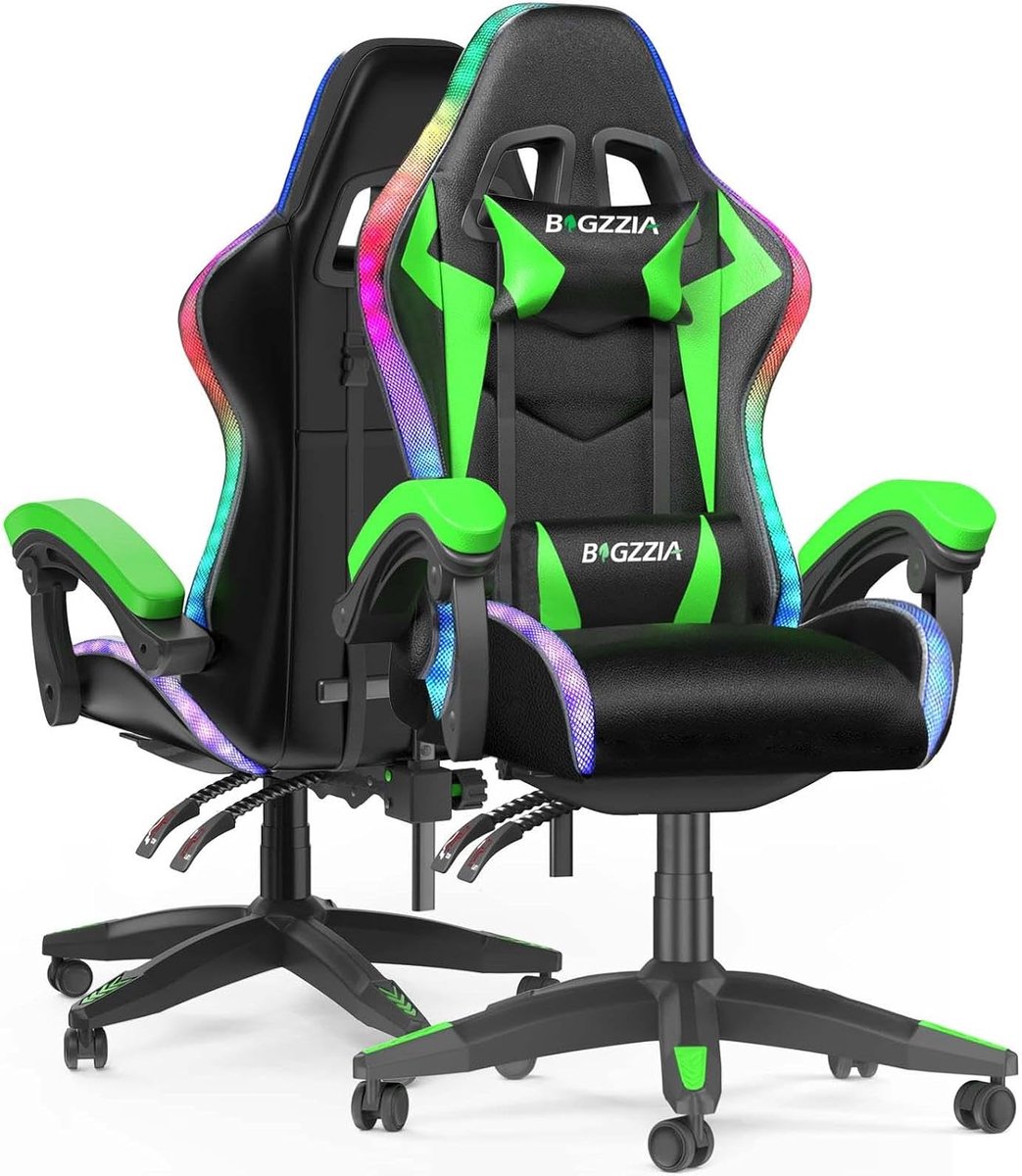 Ergonomische Gaming Stoel met RGB Verlichting, Leidersteun en Hoofdsteun - Groen