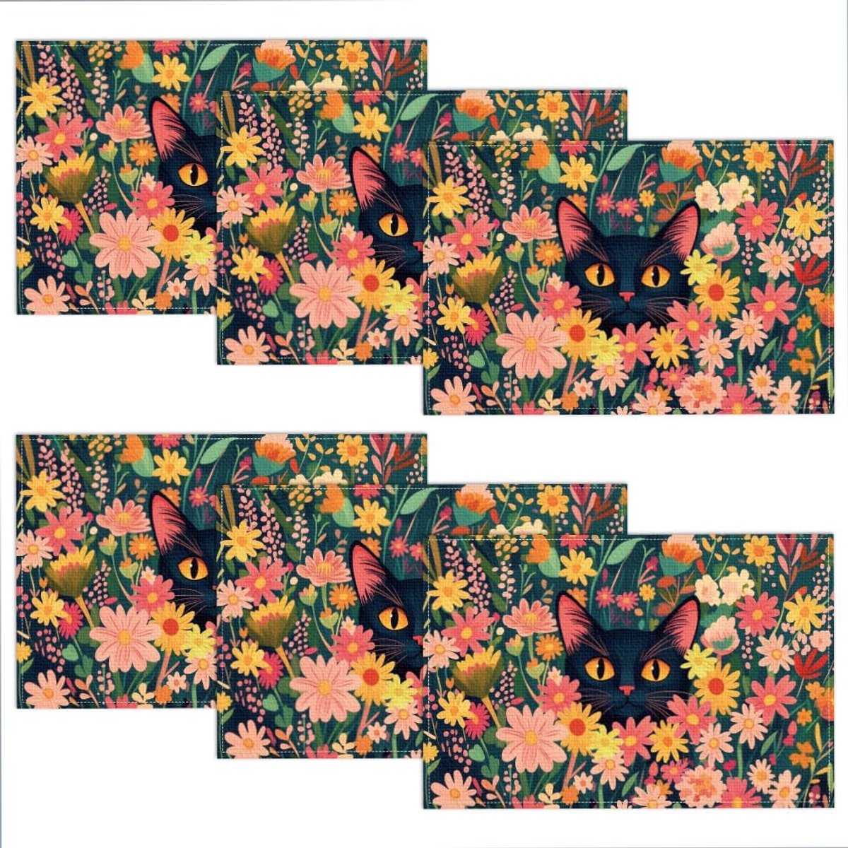 Set van 6 Placemats met Zwarte Kat en Wilde Bloemen - Antislip & Wasbaar Tafellinnen