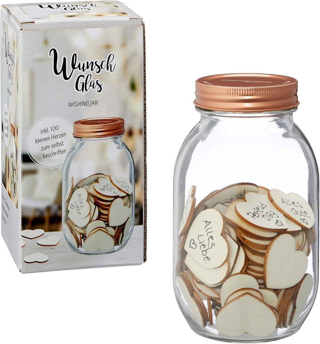 Wensglas met 100 Houten Hartjes voor Bruiloft Gastenboek of Cadeau
