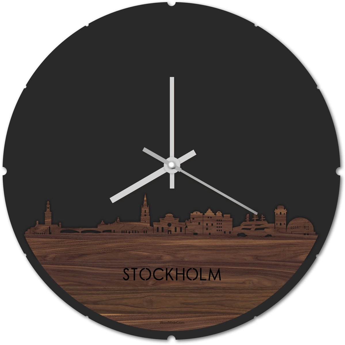 Skyline Klok Rond Stockholm Notenhout - Ø 44 cm - Stil uurwerk - Wanddecoratie - Meer steden beschikbaar - Woonkamer idee - Woondecoratie - City Art - Steden kunst - Cadeau voor hem - Cadeau voor haar - Jubileum - Trouwerij - Housewarming -