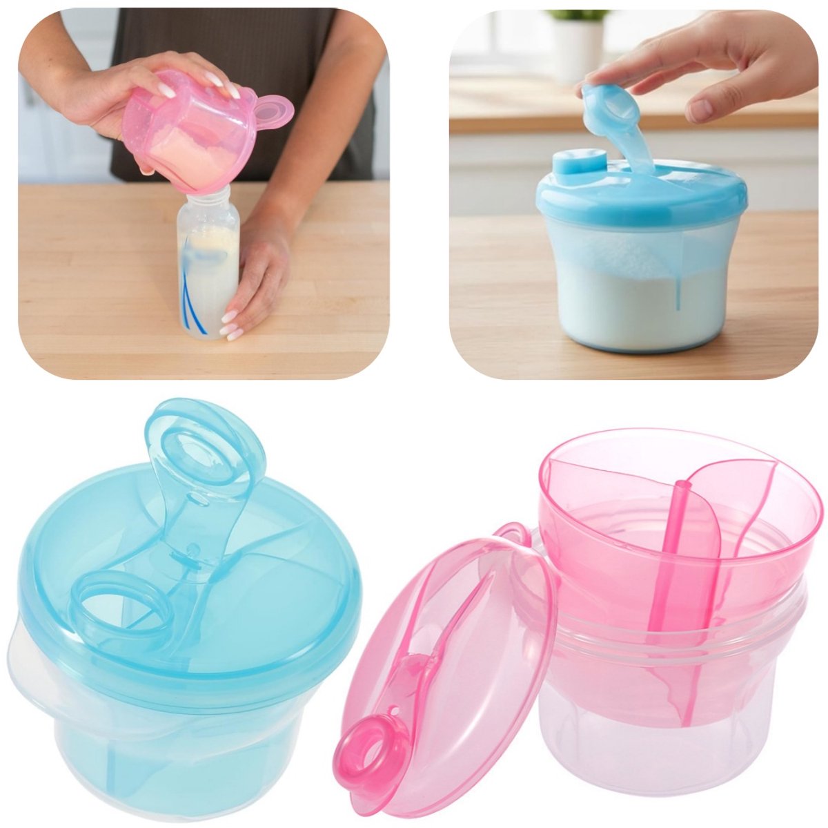 Set van 2 melkpoederdispensers – babyvoeding bewaarbakjes – Poederdispenser — Rotatie afdichtingsdoos — Babywaterfles voor buiten — Dubbellaags en drievaks — Afneembaar ontwerp – Voor melkpoeder, snacks, drankjes (9,5 x 8,5 cm – Roze, Blauw)