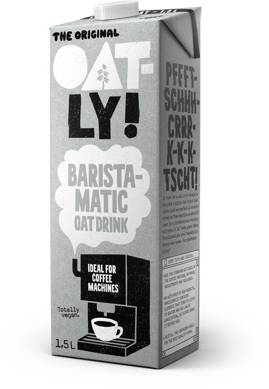 Oatly Baristamatic haverdrank pak van 1,5L in het grijs met tekst en een afbeelding van een koffiezetapparaat.