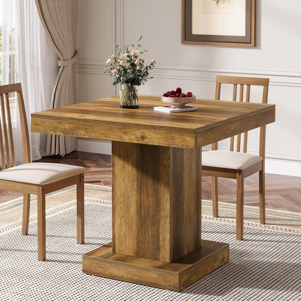 Tribesigns vierkante Ronde Eettafel voor 4 personen - landelijke Eettafel met stevige voet - rustieke Keukentafel - Bruin - 80 x 80 x 75 cm