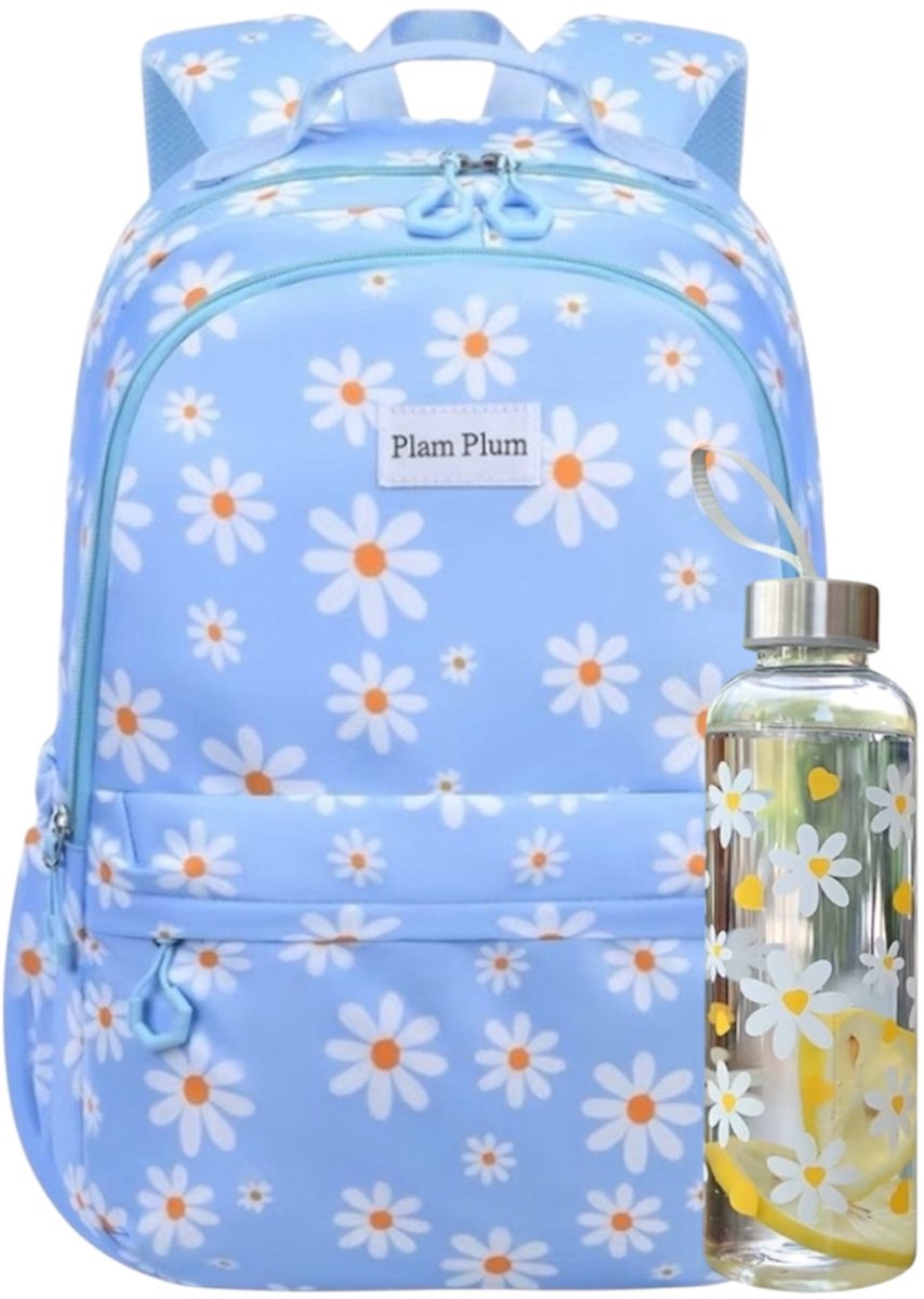 Twenty Two 2-delig set schooltas met drinkbeker voor meiden/tieners | 15.6 inch laptoptas | groot capaciteit | veel vakken | drinkbeker 550ml | lekvrij | rugtas voor school, reizen, werk | 30x19x44cm | bloemenprint | paars-blauw-wit