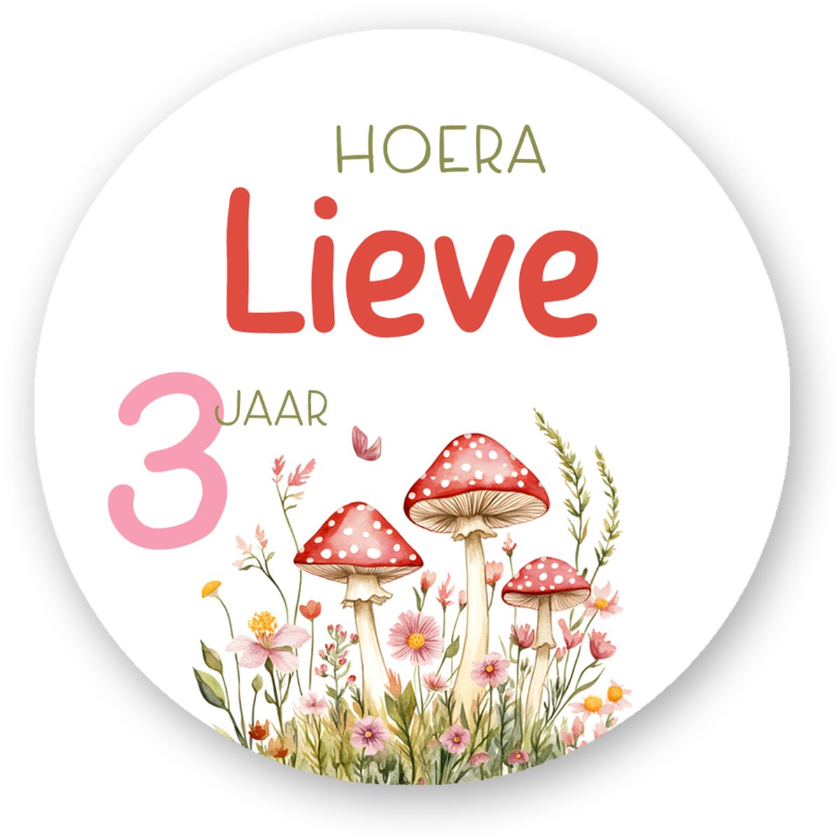 25x Traktatie Sticker Verjaardag Paddestoel – Hoera Naam leeftijd – Paddenstoel – 4 cm