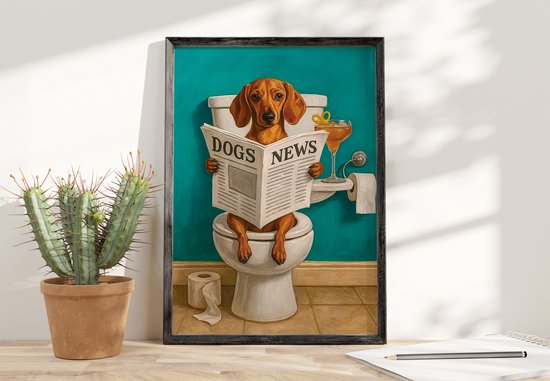 Teckel lit le journal 'DOGS NEWS' sur les toilettes avec un cocktail et des cactus à côté.