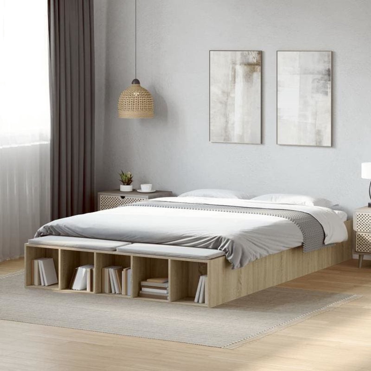 Bedframe Queen Size – Bedframe Met Opbergruimte – Platformbed – Slaapbank – Tweepersoonsbed – Sonoma Eiken – Ruimtebesparend Ontwerp – Stevige Houten Constructie