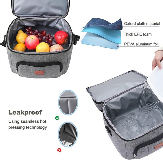 Grote geïsoleerde koeltas 20 liter - herbruikbaar lunchbox met lekvrije binnenkant - geschikt voor werk, school, picknick en buitenactiviteiten - grijs — afbeelding 3