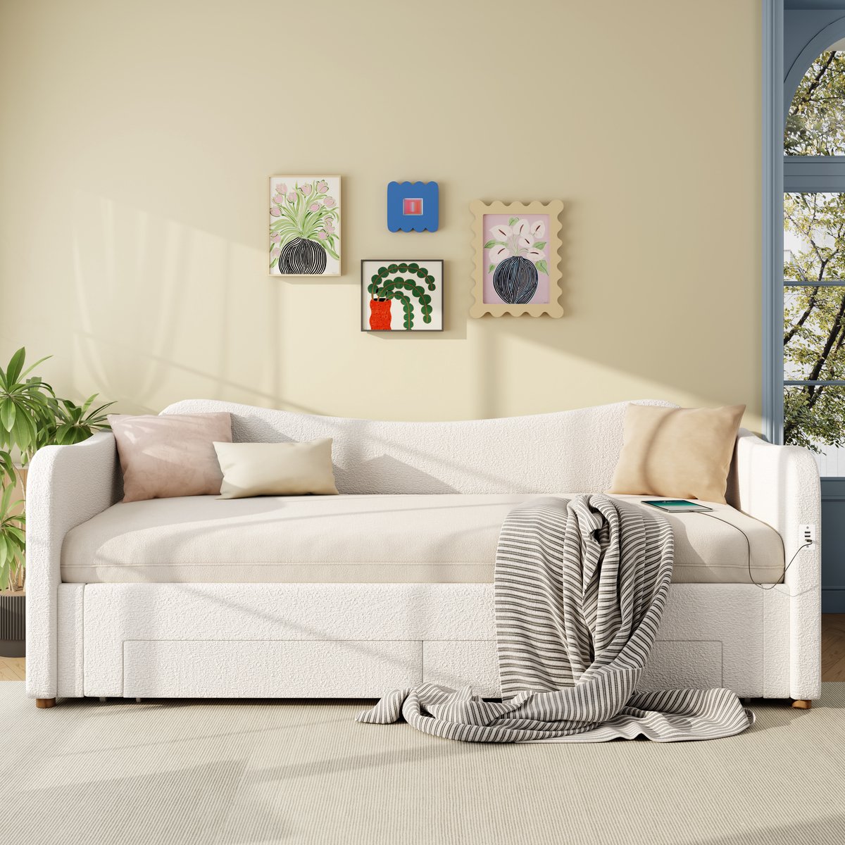 Wishdor Uitschuifbaar dagbed 90/180x200 cm – 2 opberglades & USB-C – Bouclé – Beige – Flexibel wonen met stijl en opbergruimte