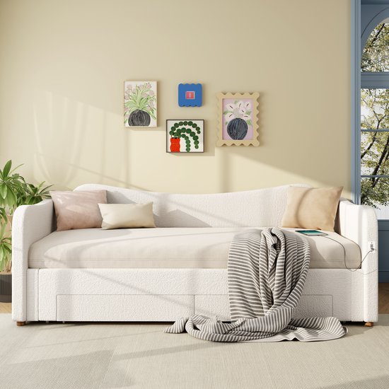 Wishdor – Uitschuifbaar dagbed 90/180x200 cm – 2 opberglades & USB-C – Bouclé – Beige – Flexibel wonen met stijl en opbergruimte