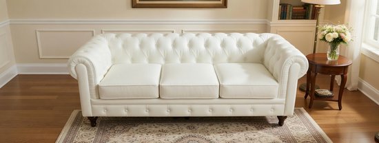 Luxe Canapé Chesterfield 3 places "Aliza" – Blanc – Canapé Moderne Confortable – UrbanHome – Design Élégant pour Salon, Lounge et Salons Conviviaux – 208 x 82 x 70 cm