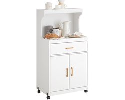 SoBuy Keukenkast op Wieltjes, Magnetronkast met Opslagruimte en Lade, Keukenwagen, Multifunctioneel Keukeneiland van Hout, Wit, 62x119x40cm, FSB12-W