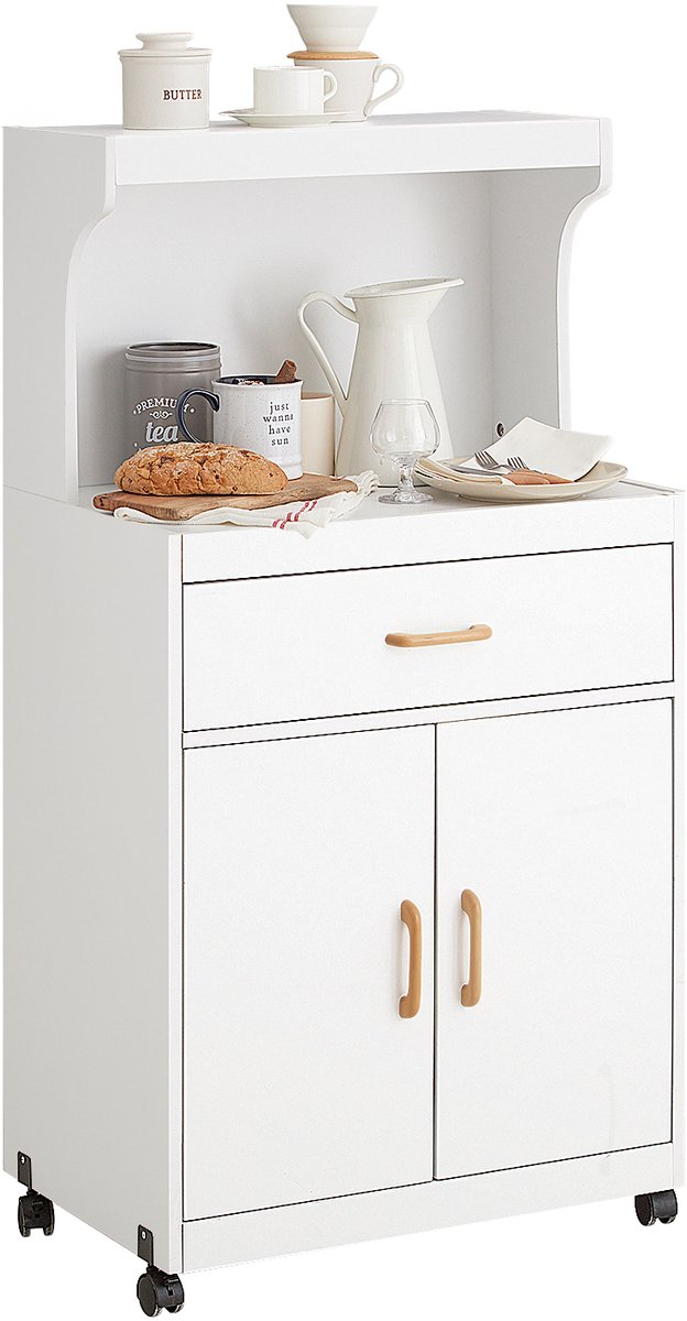 SoBuy Keukenkast op Wieltjes, Magnetronkast met Opslagruimte en Lade, Keukenwagen, Multifunctioneel Keukeneiland van Hout, Wit, 62x119x40cm, FSB12-W