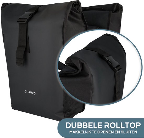 Craved Dubbele Fietstas Spark - Zwart - 48 Liter - Rolltop van Craved — afbeelding 4