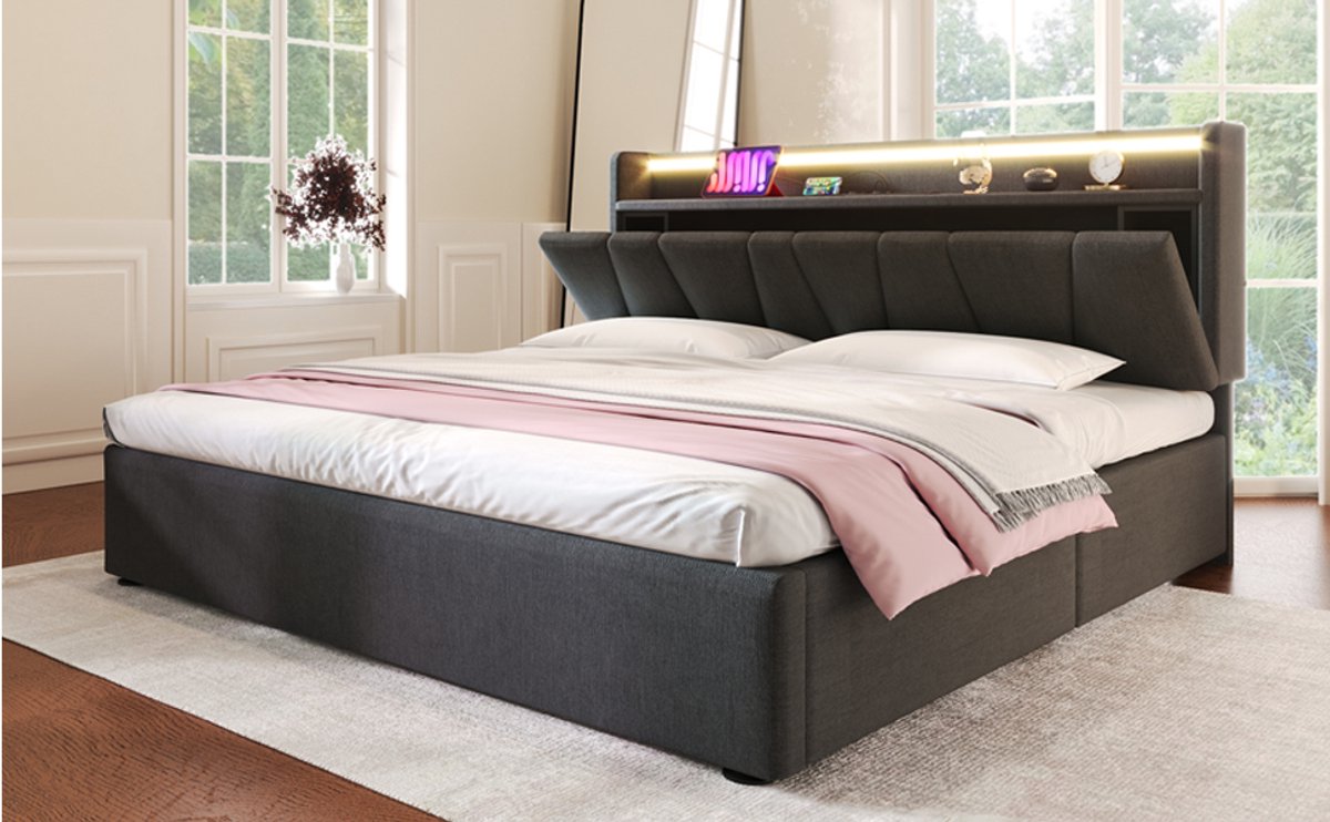 Wishdor Tweepersoonsbed 140 x 190 cm – Opberg Hoofdbord en LED – Verstelbaar Hoofdbord – 2 Stopcontacten, USB-A en USB-C – RGBW Muziekmodus – Hydraulisch Opbergvak – Geschikt voor Slaapkamer – Linnen en Metaal – Grijs