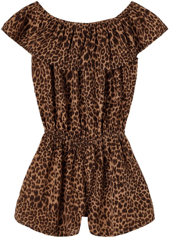 Bruin shortpak met luipaardprint, ruche bovenaan, elastiek in de taille en off-shoulder halslijn.